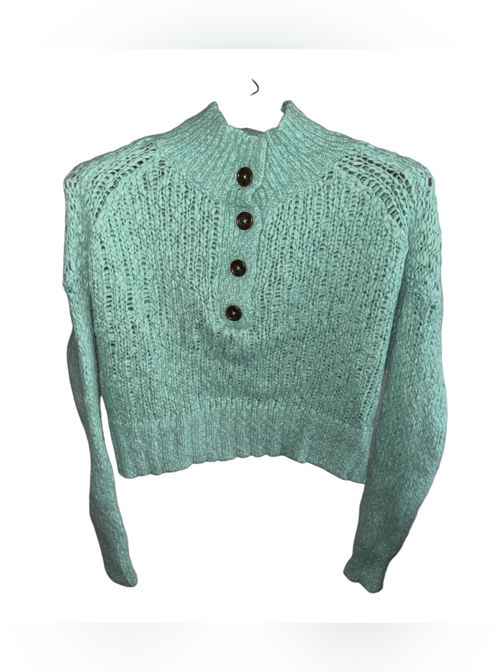 Everlane Mint Green Cropped Mock-Neck Button Sweater Alpaca & Merino Wool Blend